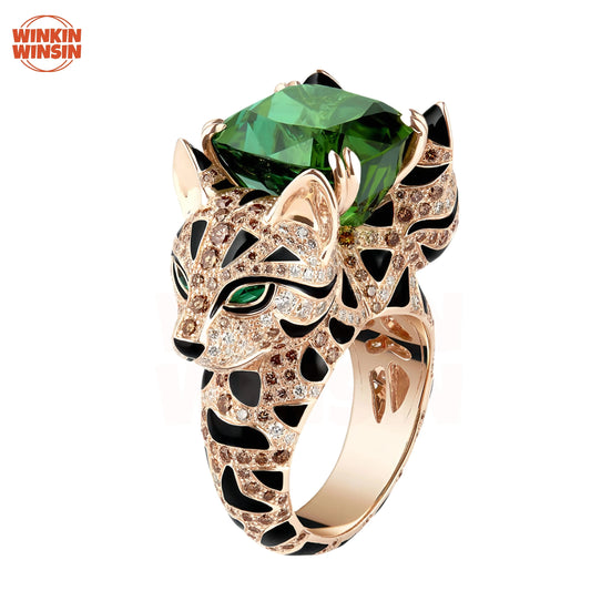 Bague Femme Argent Sterling 925 Émeraude et Diamant Haute Teneur en Carbone Design Léopard Or