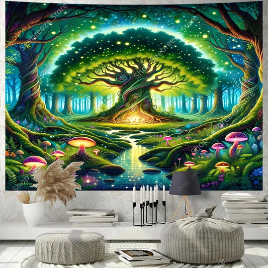 Tapisserie Murale Arbre de Vie Psychédélique Grand Mandala Bohème Sorcellerie Décor Salle de Rencontre