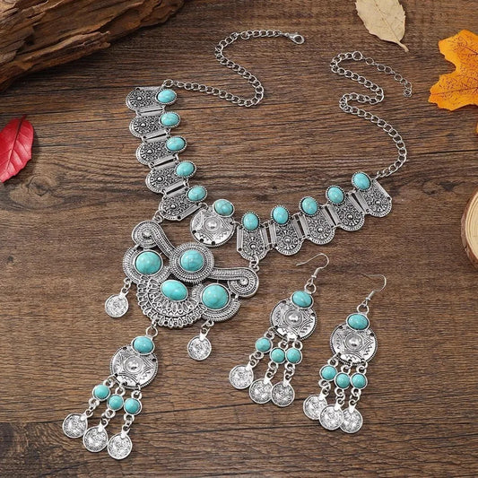 Ensemble de bijoux occidentaux ethnique Vintage, Imitation Turquoise, pièce de monnaie en métal, collier et boucles d'oreilles pour femmes, accessoires de fête