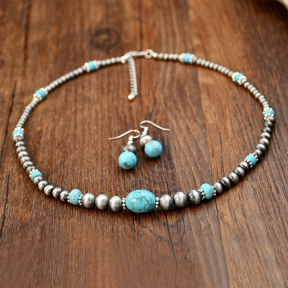 Ensemble de boucles d'oreilles et collier en Turquoise incrusté de perles rondes Vintage pour femmes, bijoux personnalisés à la mode faits à la main, 2 pièces