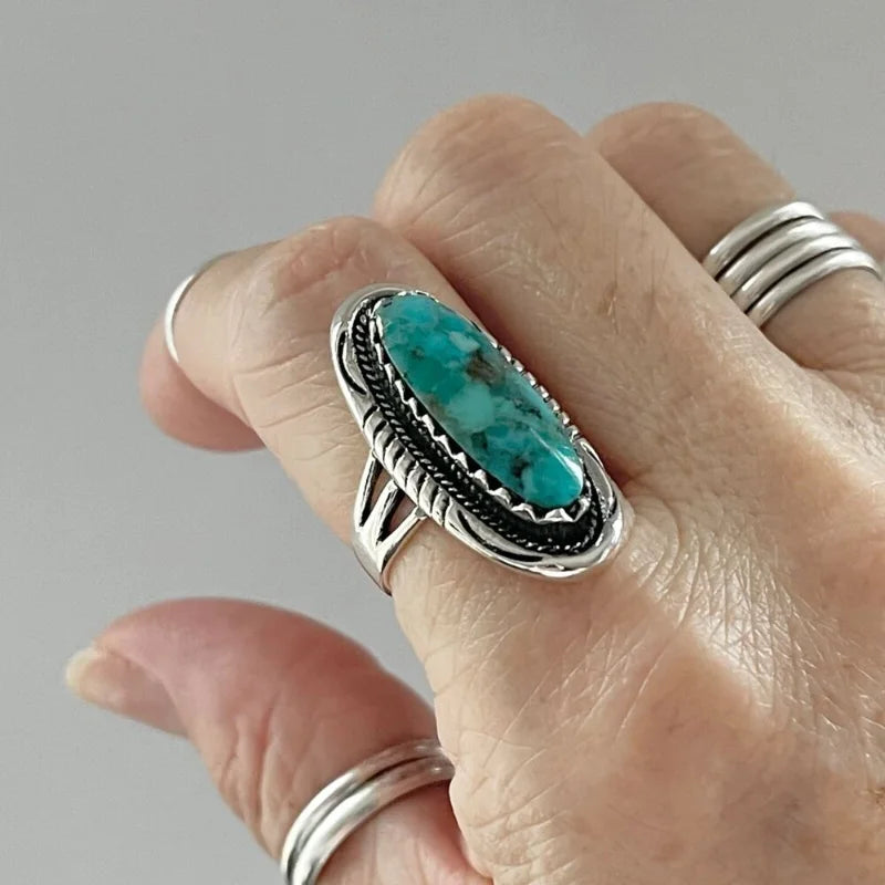 Bague rétro bohème couleur argent Imitation branche Turquoise, mode Style ethnique pour femmes, bijoux de fête, Festival, accessoires, cadeau