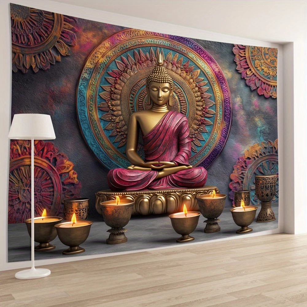Tapisserie de bouddha 3D, décoration murale élégante en polyester pour salon, chambre à coucher, bureau, idéale pour la maison et l'ambiance de fête