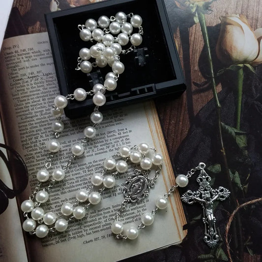 Chaîne de perles de méditation blanche, prière religieuse, collier chapelet Medalla Milagrosa, Crucifix croix, chapelet, bijoux cadeaux