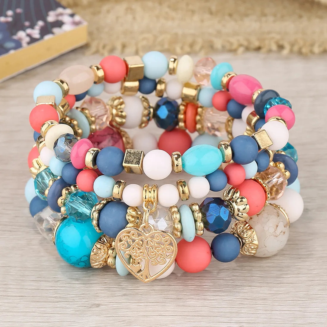 DIEZI bohème rose perles de cristal coeur bracelets porte-bonheur femmes filles ethnique arbre de vie breloque Bracelet Pulseira Feminina