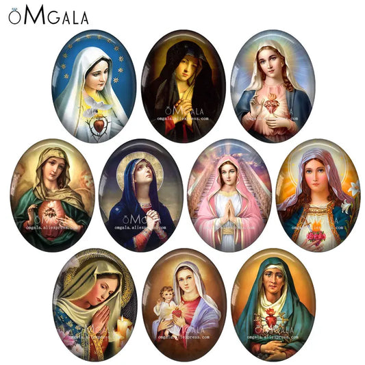 Cabochon Ovale en Verre à Dos pio, 10 Pièces, Motifs Rétro Vierge Marie et Bébé Jésus, 13x18mm/18x25mm/30x40mm