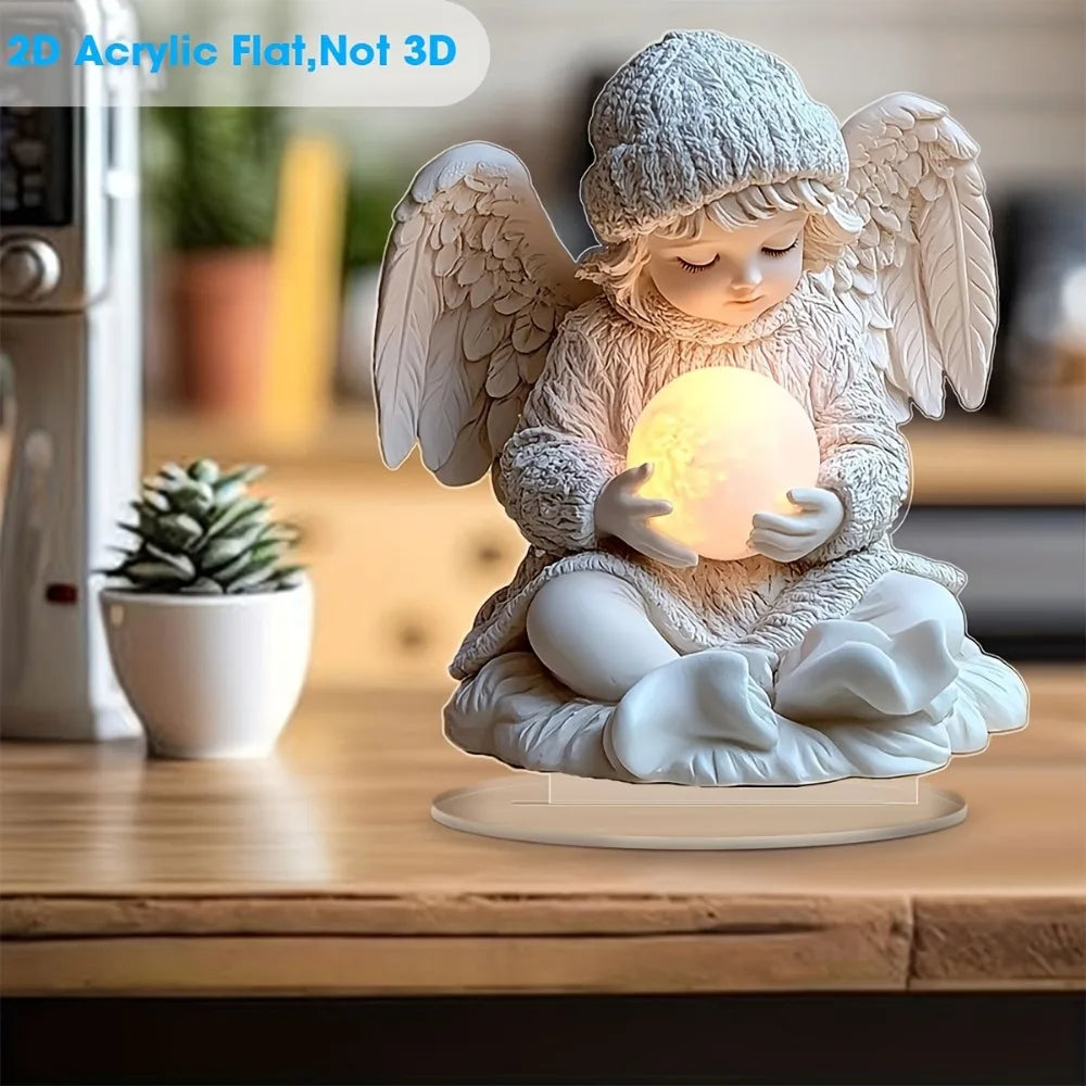 ‌ Ange plat 2D avec affichage acrylique à balle lumineuse, décoration idéale pour bureau/salon, cadeau d'anniversaire/hiver, socle inclus
