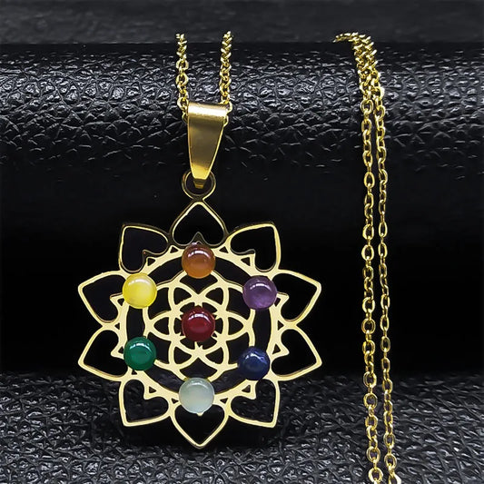 Géométrie sacrée 7 Chakra Metatron coeur collier fleur de vie en acier inoxydable opale pierre collier Reiki guérison bijoux N6341