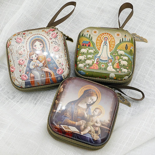 7x7 cm vierge marie jésus prière chapelet sac bijoux religieux boîte de rangement Articulos religiosos catholico