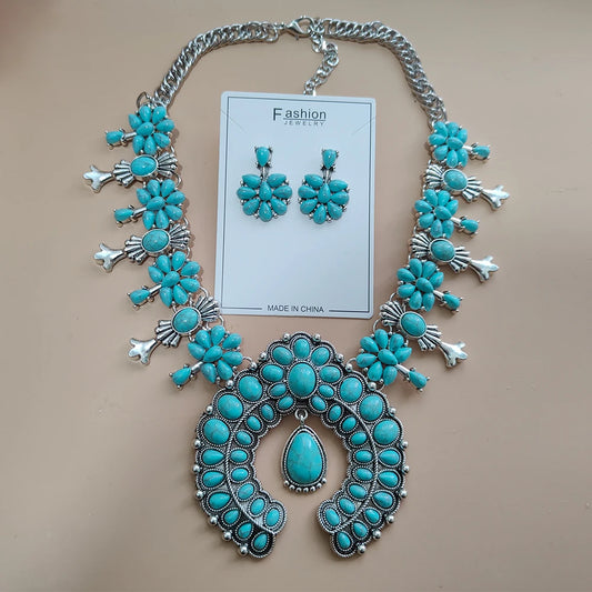 Navajo – ensemble de bijoux indiens pour femmes, boucles d'oreilles en résine de pierre Turquoise rouge et collier de fleurs de courge occidentales pour femmes