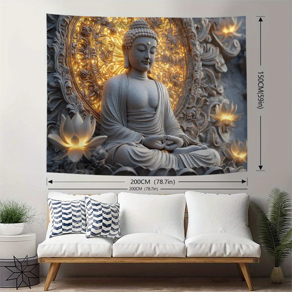 Statue de bouddha spirituel géante et tapisserie de Lotus suspendue au mur, tissu en Polyester Beige clair pêche pour salon, chambre à coucher, 1 pièce