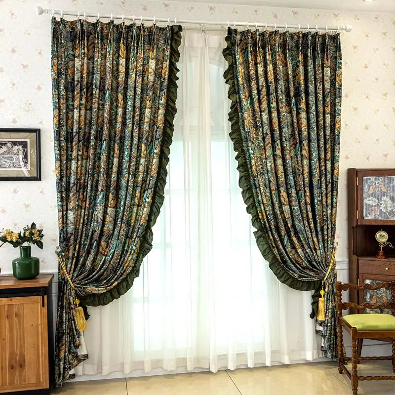 Rideaux personnalisés en velours vert rétro américain, pour salon, chambre à coucher, baie vitrée, Style Vintage français, pour l'automne doré