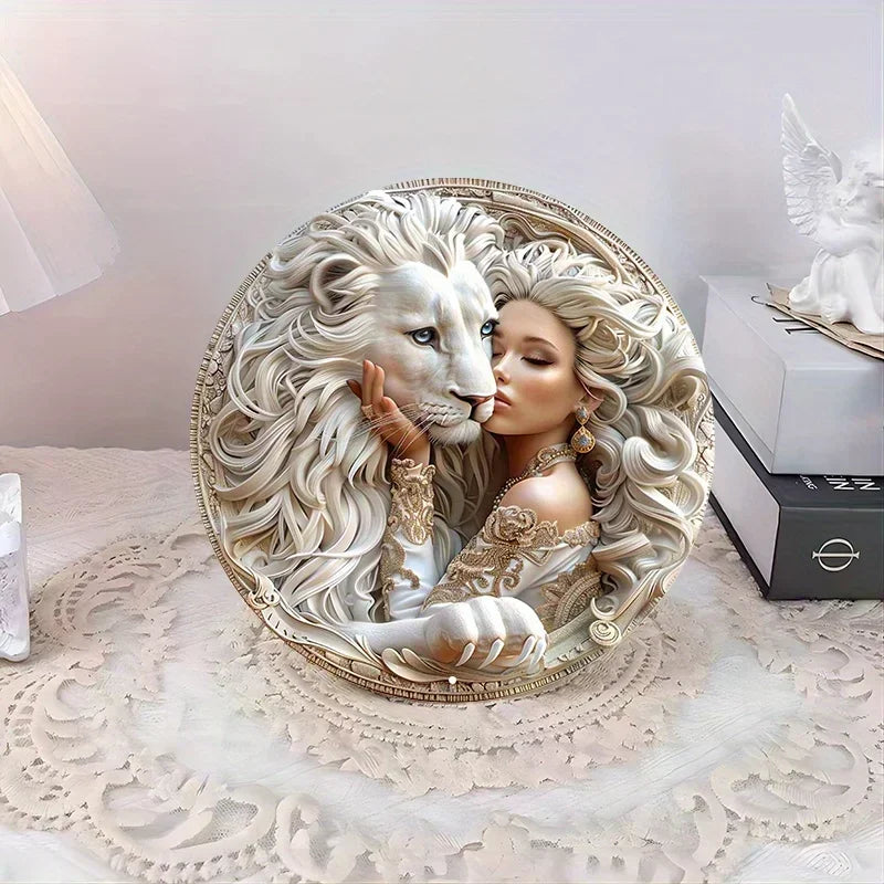 Superbe femme et blanc discutant d'art-Panneau rond en métal, impression HD, étanche, degré météo, décoration murale