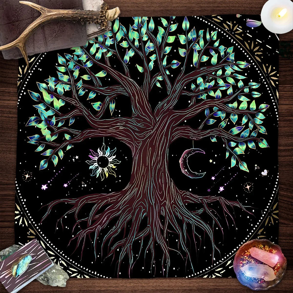 Nappe de carte de Tarot arbre de vie, nappe de plantes de Phase de lune pour Tarot de sorcière Wicca, tissu d'autel, tapis de carte de Divination