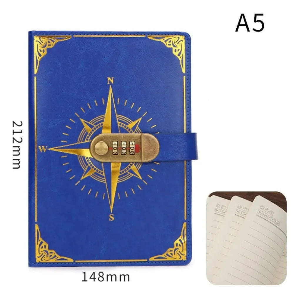 Carnet A5 Rétro Sécurisé avec Serrure – Journal Intime, Bloc-Notes Créatif et Boussole de Voyage