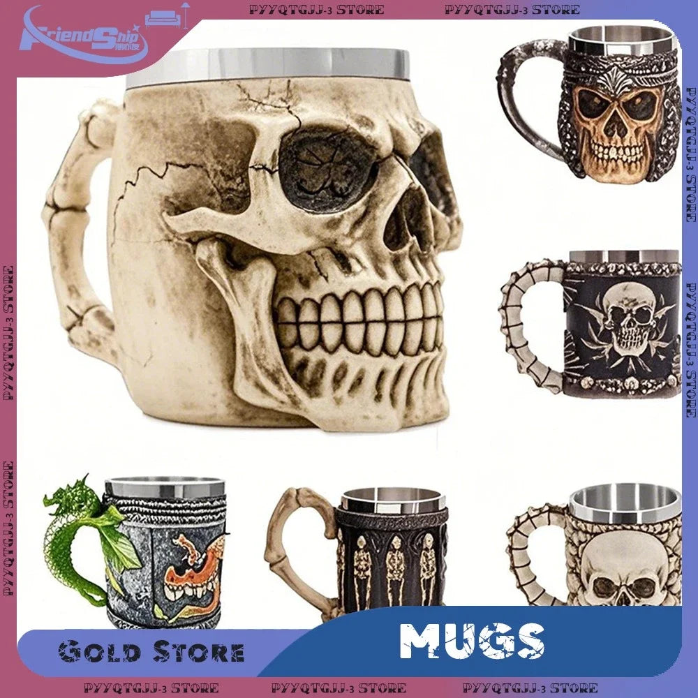 Tasse gothique en forme de crâne, accessoires de Bar, tasse en résine 3D, tasse en résine en acier inoxydable, verres de fête Viking, Tankard de bière, décoration de maison, usage domestique