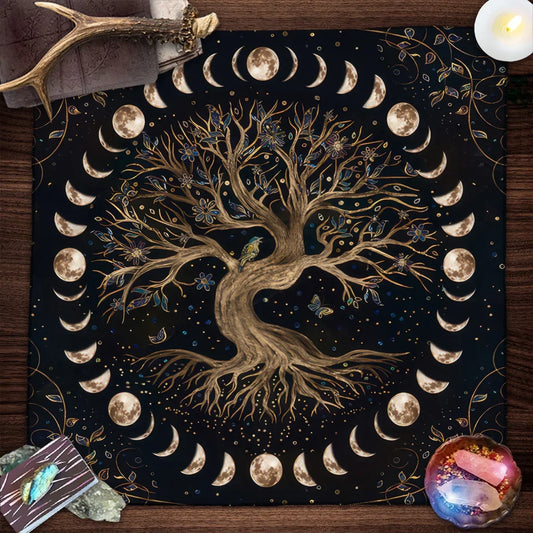 Nappe de carte de Tarot arbre de vie, nappe de plantes de Phase de lune pour Tarot de sorcière Wicca, tissu d'autel, tapis de carte de Divination
