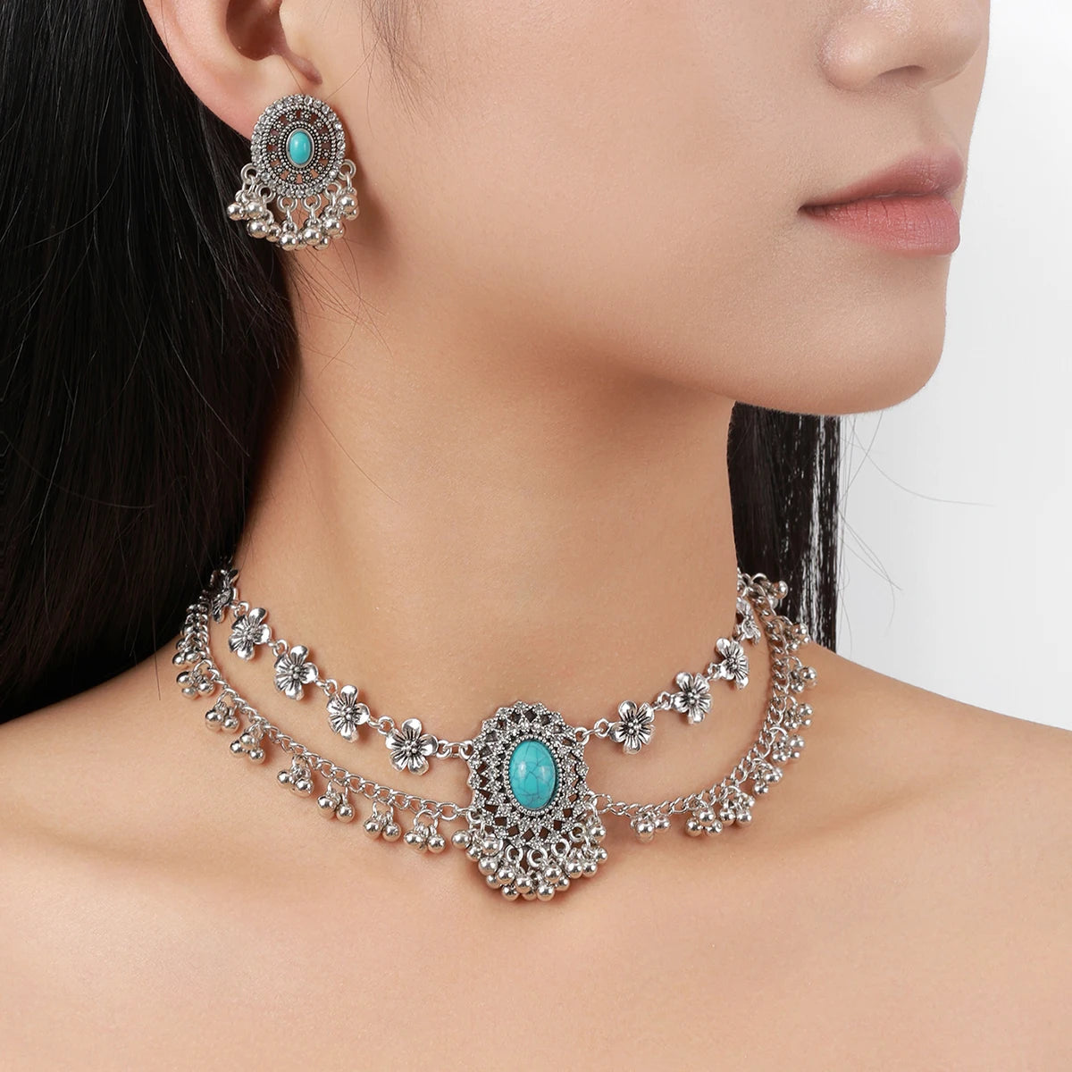 Ensemble de Bijoux Bohème Vintage pour Femme, Collier Ovale Turquoise, Boucles d'Oreilles, Plaqué Argent, Pompon Géométrique, Pierre Bleue