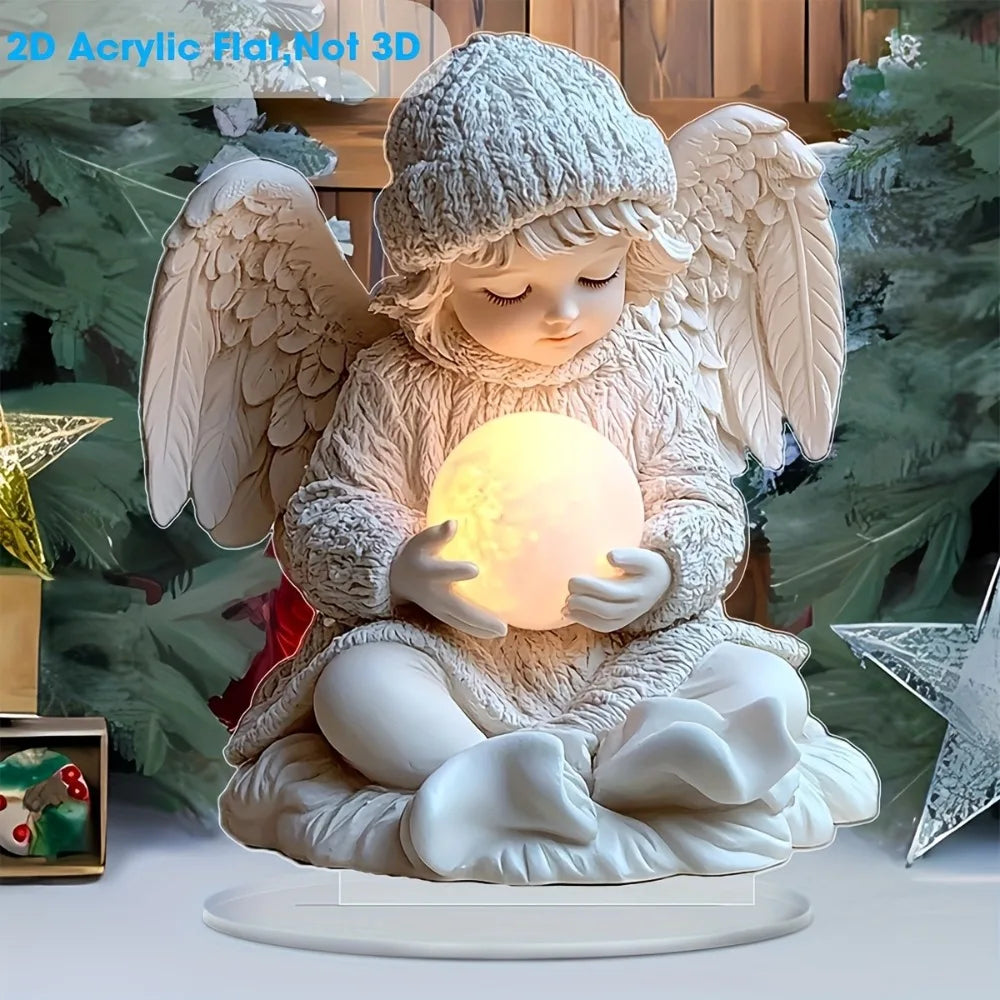 ‌ Ange plat 2D avec affichage acrylique à balle lumineuse, décoration idéale pour bureau/salon, cadeau d'anniversaire/hiver, socle inclus