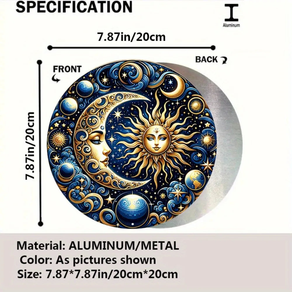 Art mural rond en fer vintage 2D plat «élégant soleil et lune céleste » idéal pour la chambre à coucher, la salle à manger, le yoga et la méditation