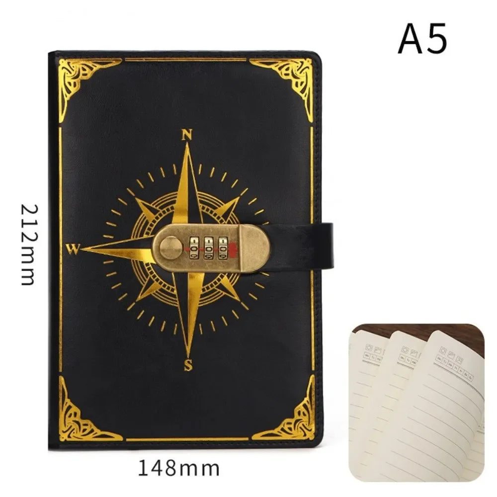 Carnet A5 Rétro Sécurisé avec Serrure – Journal Intime, Bloc-Notes Créatif et Boussole de Voyage