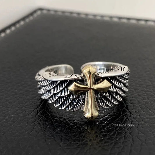 Bague croix d'ange pour hommes, bague d'ouverture à la mode et personnalisée, ailes et ailes de croix dorées pour hommes, bijoux gothiques punk