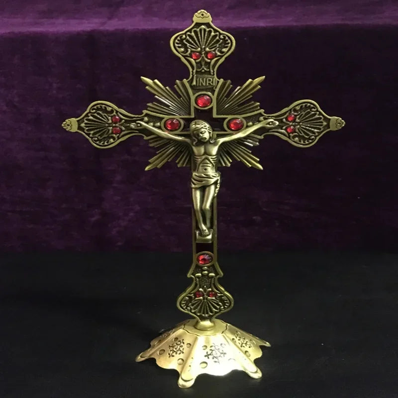 Figurines de reliques d'église, Crucifix de jésus-Christ sur le support, croix murale, autel religieux Antique, décoration de chapelle de maison, 4 couleurs