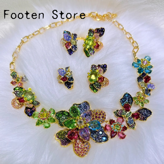 Ensemble de bijoux de fête pour femmes, haute qualité, nouvelle tendance, breloque, fleur colorée, papillon, cristal, collier, boucle d'oreille, bague, cadeau pour femmes, 2025