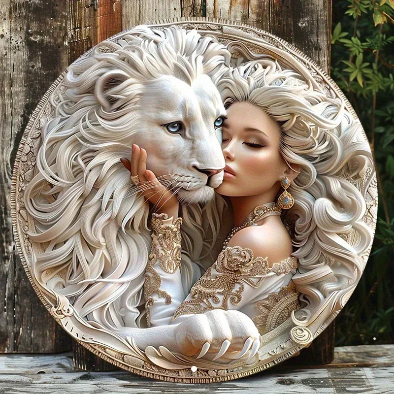 Superbe femme et blanc discutant d'art-Panneau rond en métal, impression HD, étanche, degré météo, décoration murale