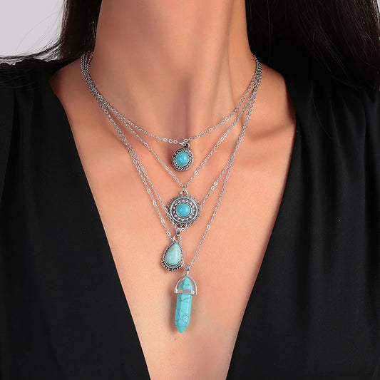 Collier pendentif soleil en pierre turquoise de Bohême pour femmes et filles, cadeaux de bijoux de festival de fête, ensemble de 4 pièces