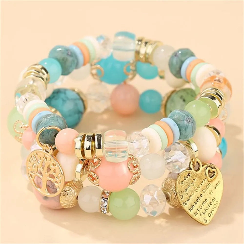 DIEZI bohème rose perles de cristal coeur bracelets porte-bonheur femmes filles ethnique arbre de vie breloque Bracelet Pulseira Feminina