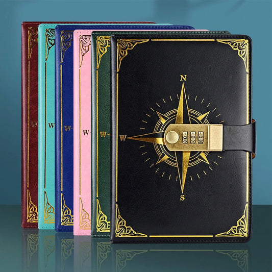 Carnet A5 Rétro Sécurisé avec Serrure – Journal Intime, Bloc-Notes Créatif et Boussole de Voyage
