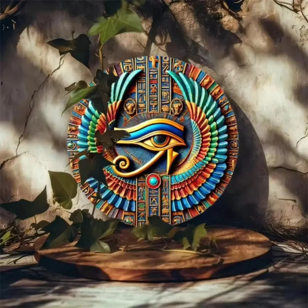 Décor en fer blanc EgyptianElegance Horus Eye : Exquisitement peint à la main avec gravure sur papier, doté de trous pré-percés pour accrocher.