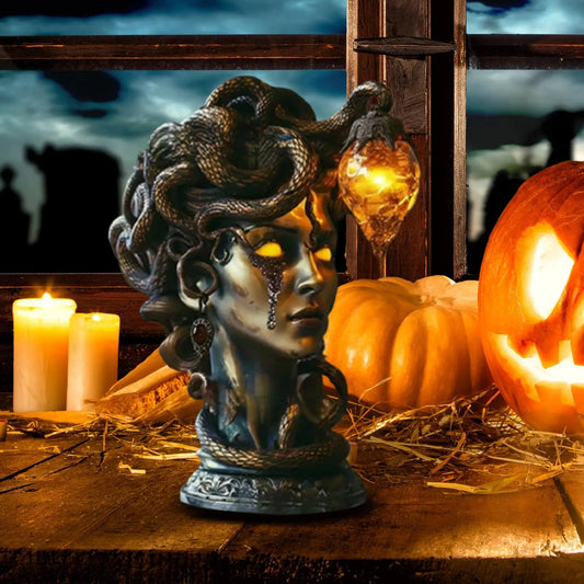 Statue de buste Medusa avec lumières Led, monstre mythique, ornement gothique en résine, décoration et fournitures amusantes pour Halloween