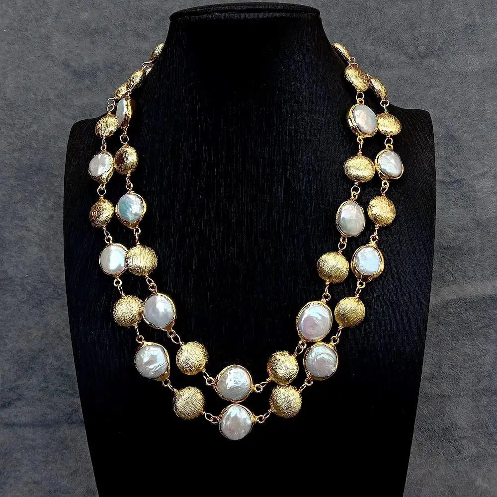 YYGEM-Collier de perles de culture d'eau douce pour femme, perle de pièce de monnaie blanche, bijoux multibrins brossés, style luxueux, 17mm, 15mm