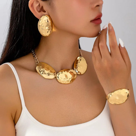 Ensemble de boucles d'oreilles ovales à motif de battement géométrique exagéré, collier et Bracelet pour femmes et filles, bijoux de fête à la mode DS046