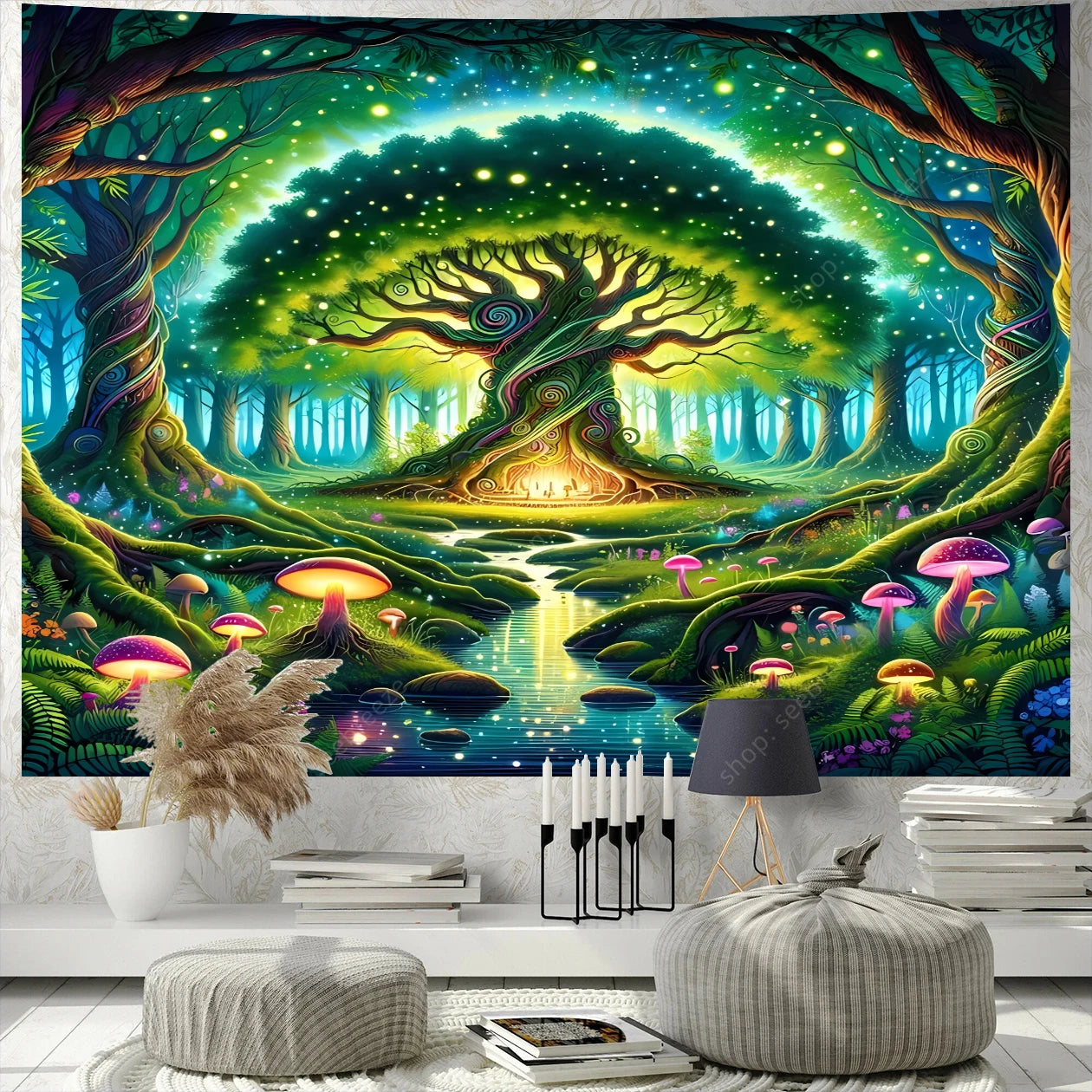 Tapisserie Murale Arbre de Vie Psychédélique Grand Mandala Bohème Sorcellerie Décor Salle de Rencontre