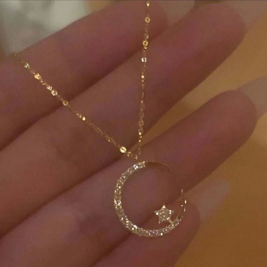 Collier pendentif étoile lune incrusté de zircone brillant pour femmes, chaîne de clavicule en cristal de luxe, bijoux de mariage