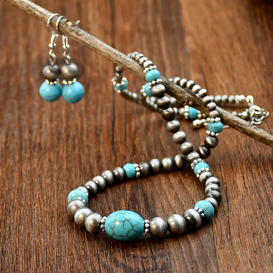 Ensemble de boucles d'oreilles et collier en Turquoise incrusté de perles rondes Vintage pour femmes, bijoux personnalisés à la mode faits à la main, 2 pièces