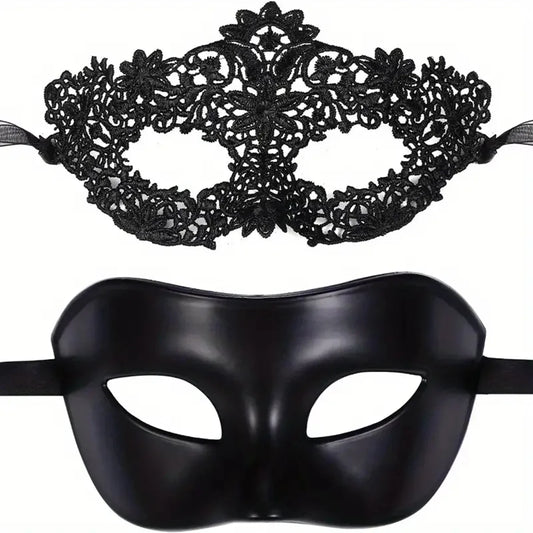 Ensemble de 2 masques de mascarade élégants en dentelle noire pour couples – Parfait pour les fêtes vénitiennes, le Mardi Gras et les célébrations d'Halloween.