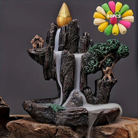 1pc montagnes rivière cascade Reflux brûleur d'encens fontaine reflux arôme fumée encensoir artisanat à la maison + 60 cônes d'encens
