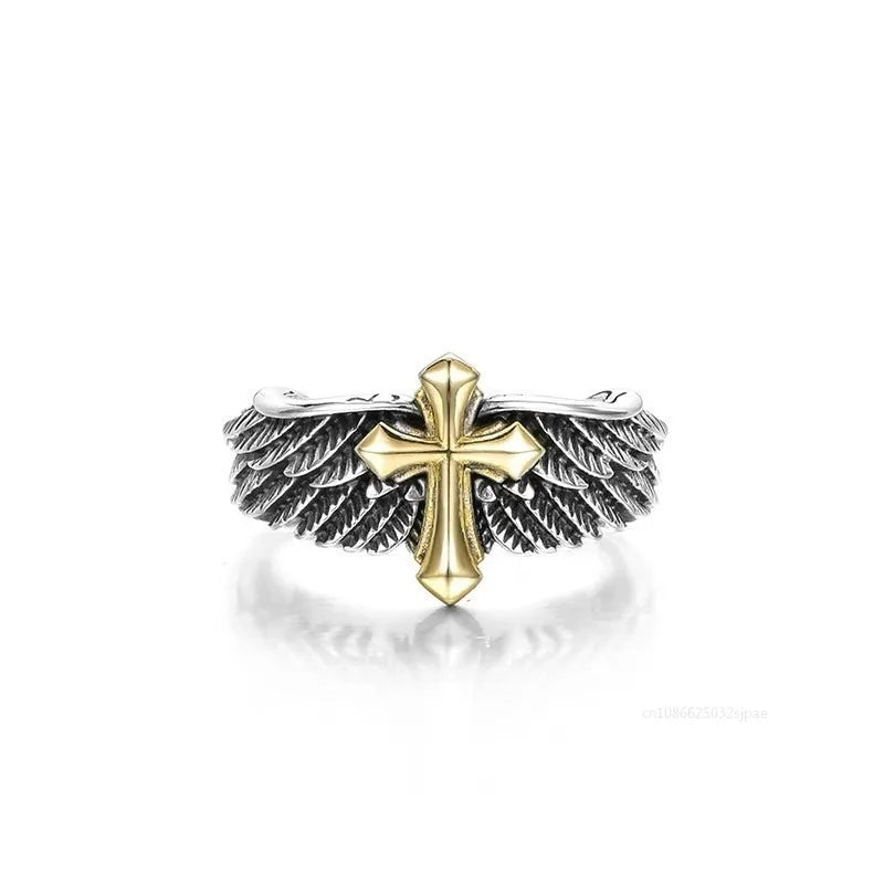 Bague croix d'ange pour hommes, bague d'ouverture à la mode et personnalisée, ailes et ailes de croix dorées pour hommes, bijoux gothiques punk