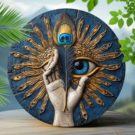 Peintures en feuilles de fer pour la maison, décoration murale Vintage en étain avec mauvais œil grec, Design bleu patiné et doré avec détails de plumes, Perf