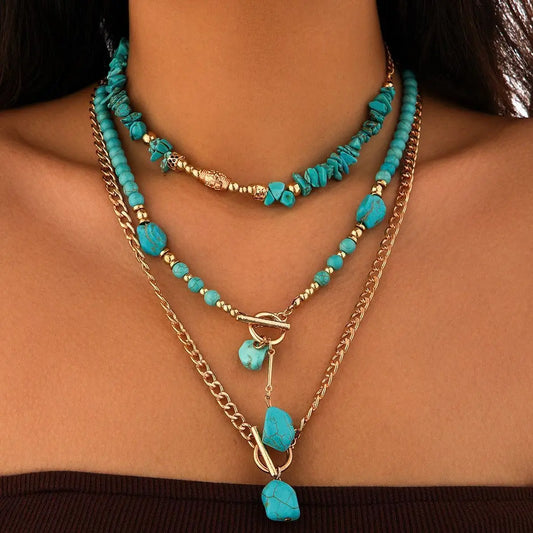 KunJoe-Collier Ras du Cou en Pierre Naturelle Bleue Vintage pour Femme, Pendentif Bohème Géométrique, Bijoux à Col en Forme de Cheminée, 3 Pièces