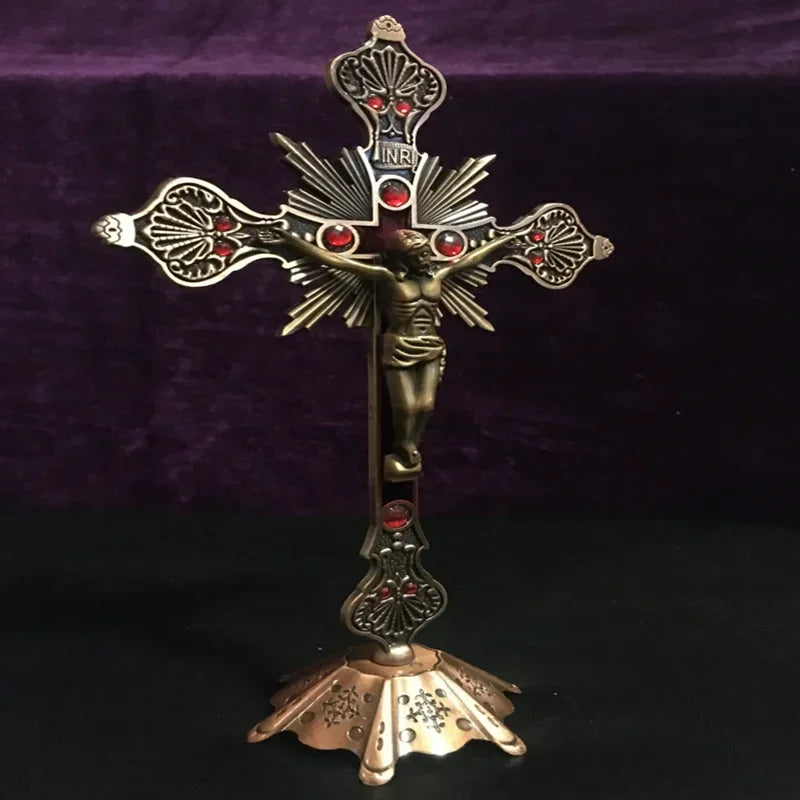 Figurines de reliques d'église, Crucifix de jésus-Christ sur le support, croix murale, autel religieux Antique, décoration de chapelle de maison, 4 couleurs