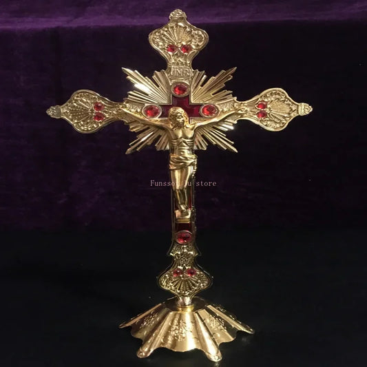 Figurines de reliques d'église, Crucifix de jésus-Christ sur le support, croix murale, autel religieux Antique, décoration de chapelle de maison, 4 couleurs