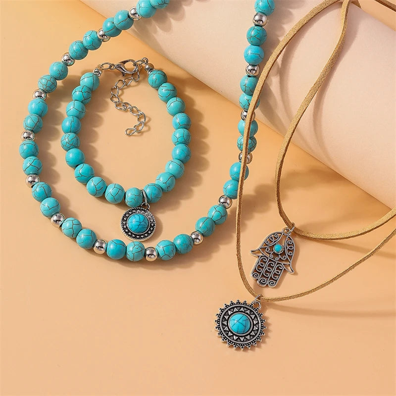 Ensemble de bijoux fait à la main pour femmes, collier de main de palmier turquoise, bracelet à la mode, cadeaux de fête et de festival pour filles