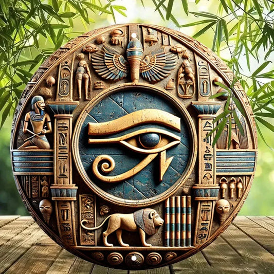 Peinture en étain, hiéroglyphes égyptiens, signe rond d'oeil d'horus, Art mural en métal sculpté, thème d'aventure, décoration de maison Vintage