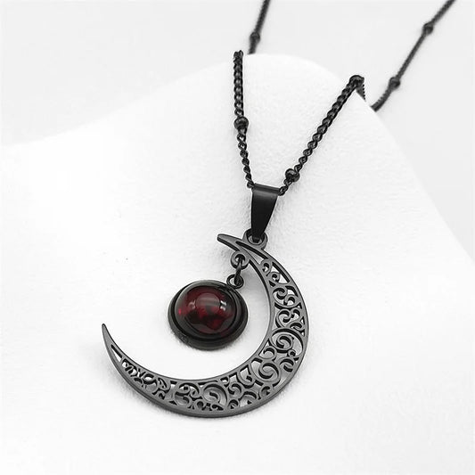 Collier Lune Noir en Acier Inoxydable pour Femme, Bijoux avec Perles de Classe Rouges