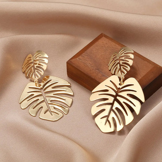 Boucles d'oreilles bohème creuses pour femmes, feuille exagérée, goutte d'eau, géométrique, couleur or, plante tropicale, bijoux féminins, nouveaux cadeaux