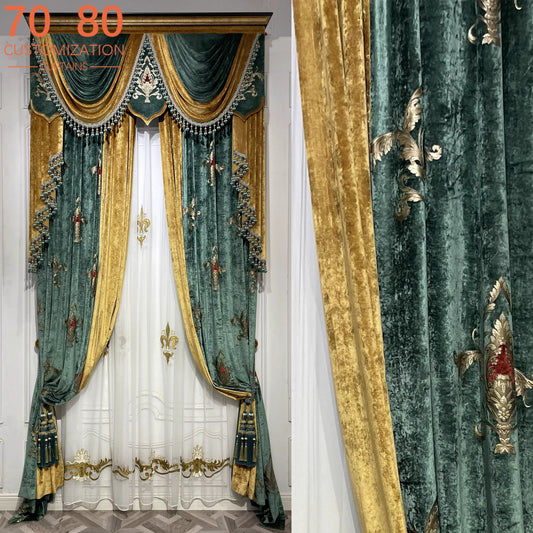 Rideaux Vintage en velours brodé vert foncé, Patchwork doré, pour salon, chambre à coucher, balcon, Villa, cantonnière personnalisée